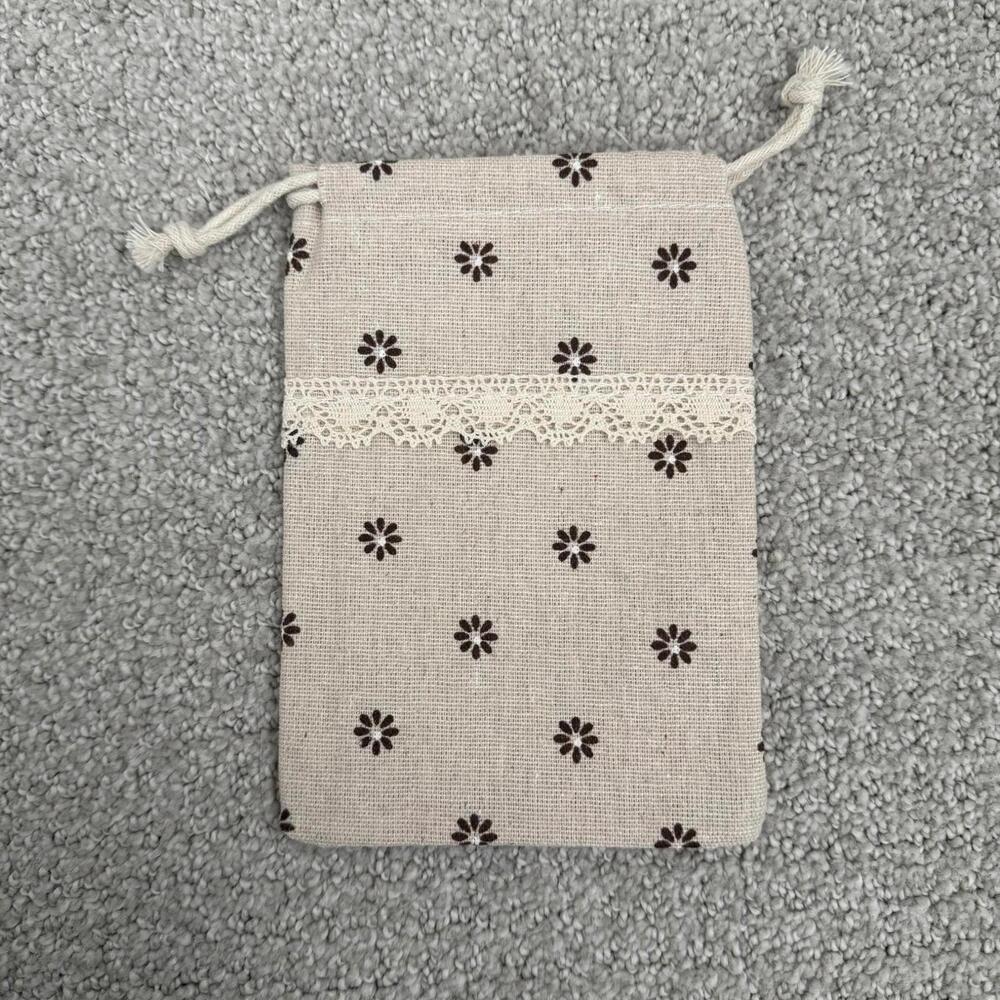 Beige Lace Trim Floral Drawstring Pouch